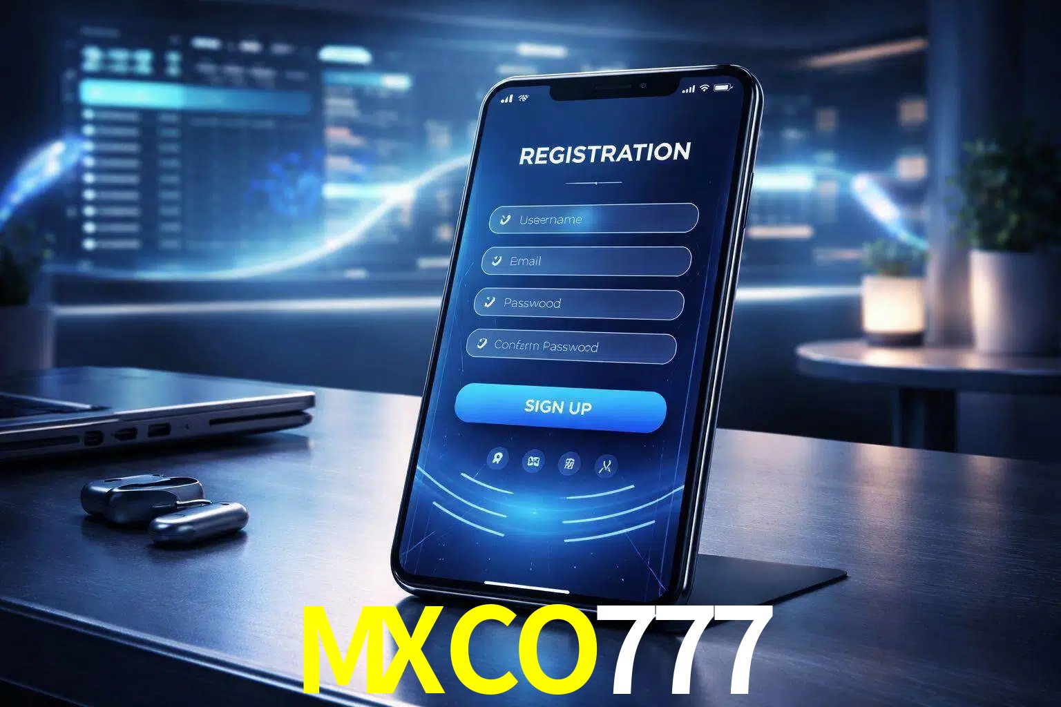 Una interfaz moderna de registro móvil para MXCO777 mostrada en un smartphone con un panel de apuestas elegante.